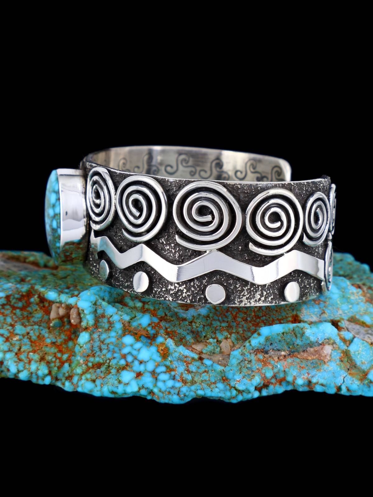 Navajo Sterling Silver Kingman Turquoise Petroglyph Cuff Bracelet - PuebloDirect.com