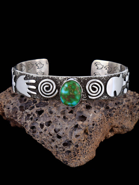 Navajo Sterling Silver Sonoran Gold Turquoise Petroglyph Cuff Bracelet - PuebloDirect.com