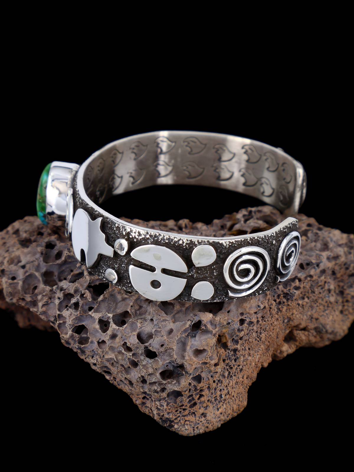 Navajo Sterling Silver Sonoran Gold Turquoise Petroglyph Cuff Bracelet - PuebloDirect.com