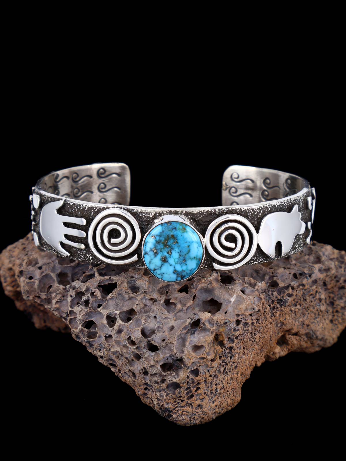 Navajo Sterling Silver Kingman Turquoise Petroglyph Cuff Bracelet - PuebloDirect.com