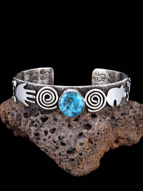 Navajo Sterling Silver Kingman Turquoise Petroglyph Cuff Bracelet - PuebloDirect.com