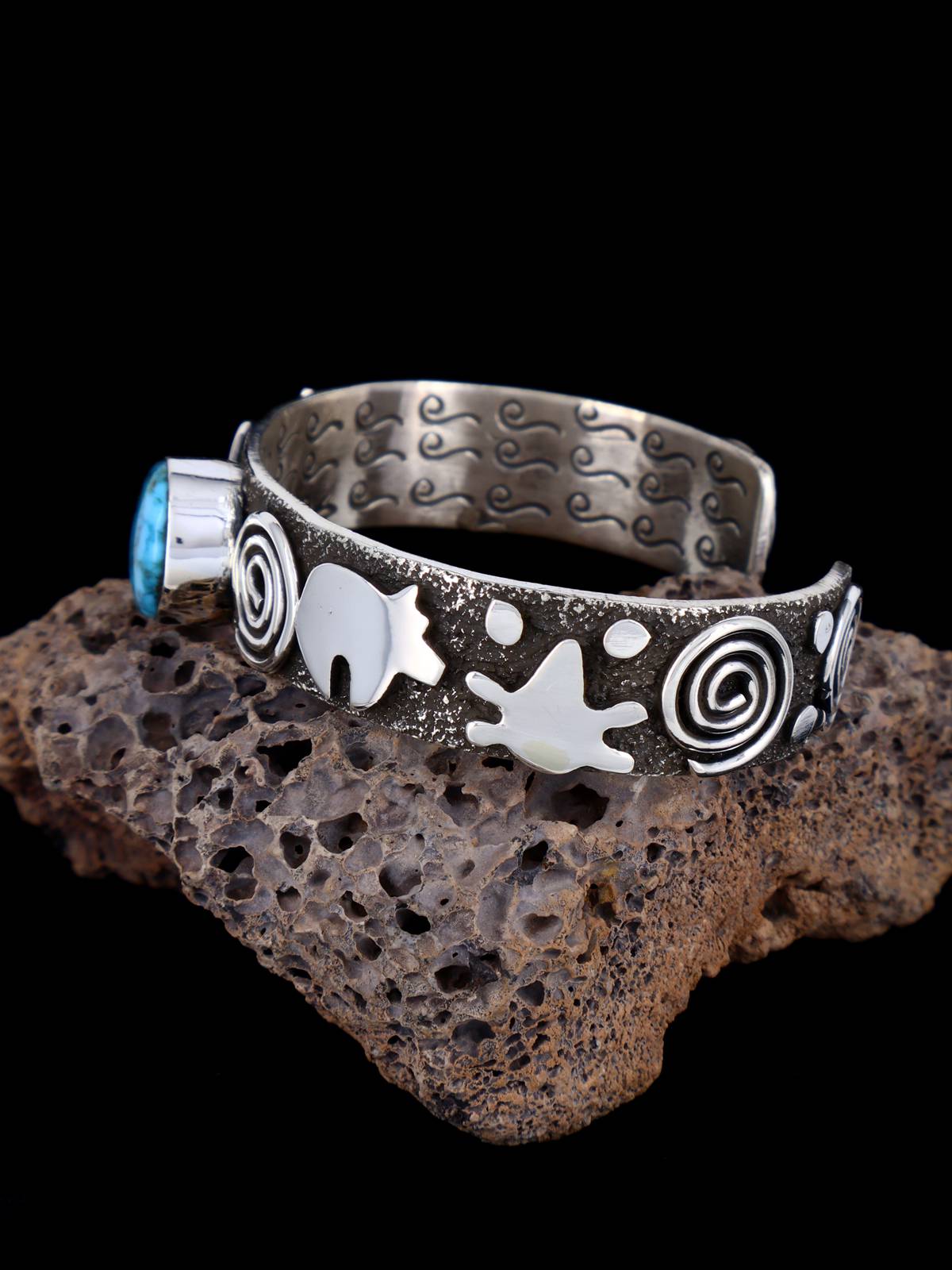Navajo Sterling Silver Kingman Turquoise Petroglyph Cuff Bracelet - PuebloDirect.com