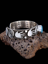 Navajo Sterling Silver Kingman Turquoise Petroglyph Cuff Bracelet - PuebloDirect.com