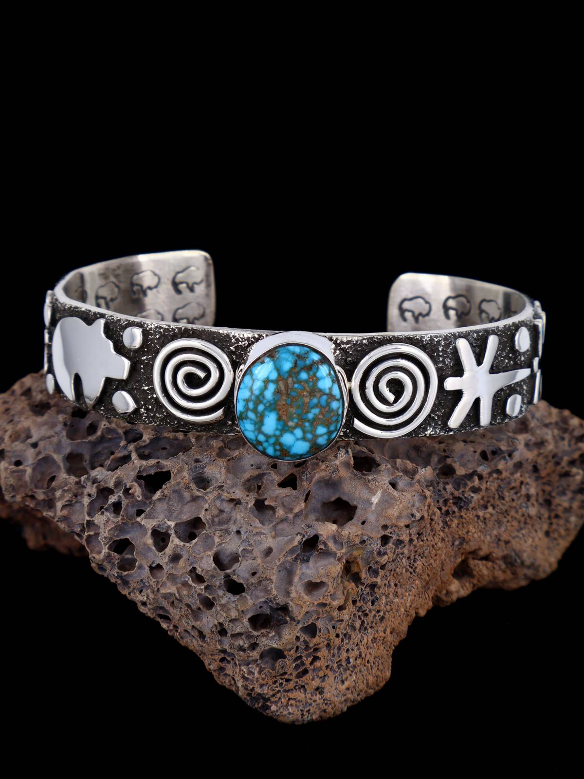 Navajo Sterling Silver Kingman Turquoise Petroglyph Cuff Bracelet - PuebloDirect.com
