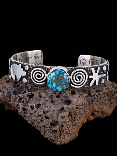 Navajo Sterling Silver Kingman Turquoise Petroglyph Cuff Bracelet - PuebloDirect.com