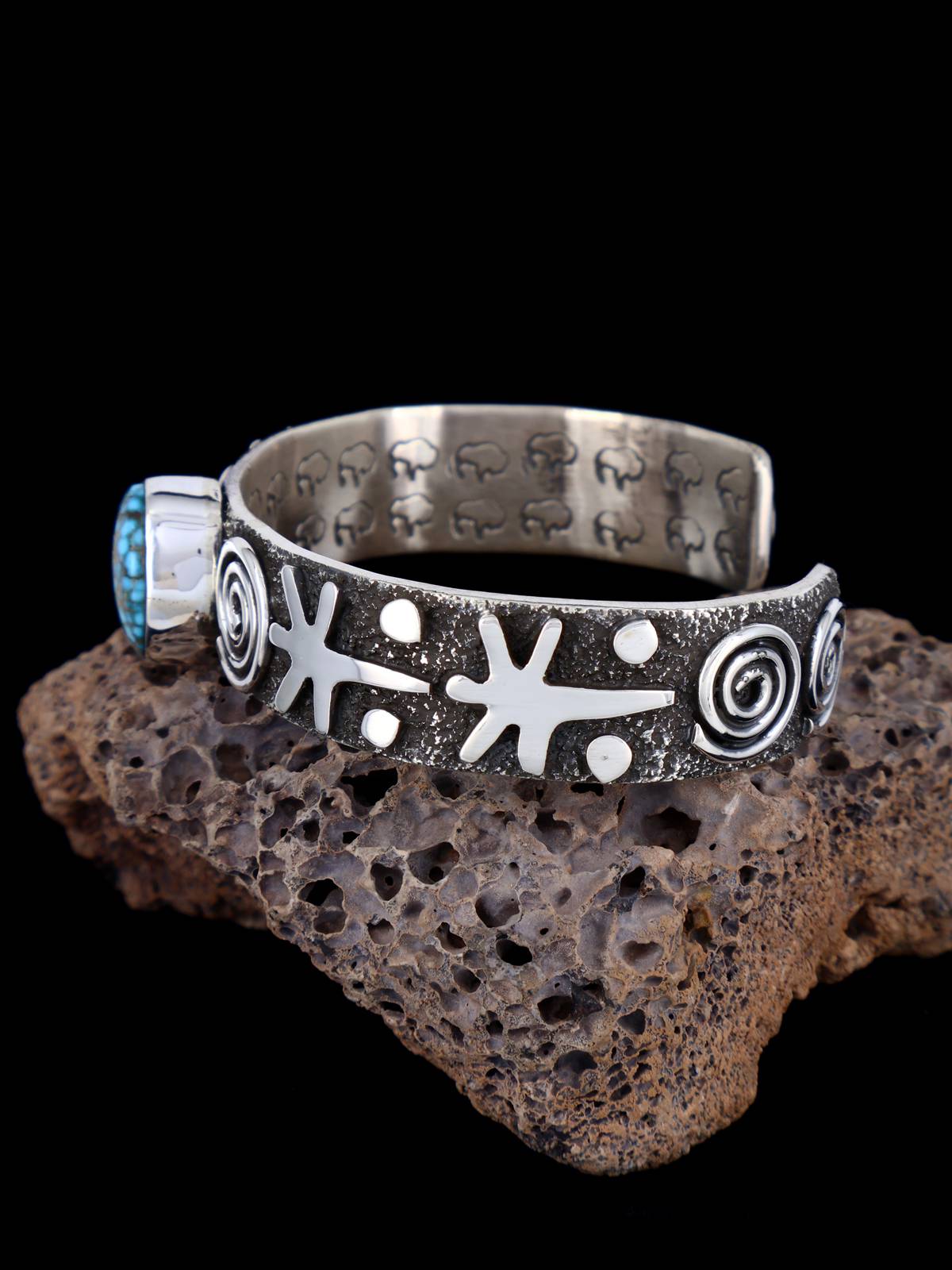 Navajo Sterling Silver Kingman Turquoise Petroglyph Cuff Bracelet - PuebloDirect.com