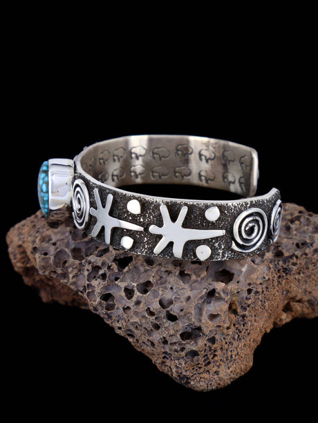 Navajo Sterling Silver Kingman Turquoise Petroglyph Cuff Bracelet - PuebloDirect.com