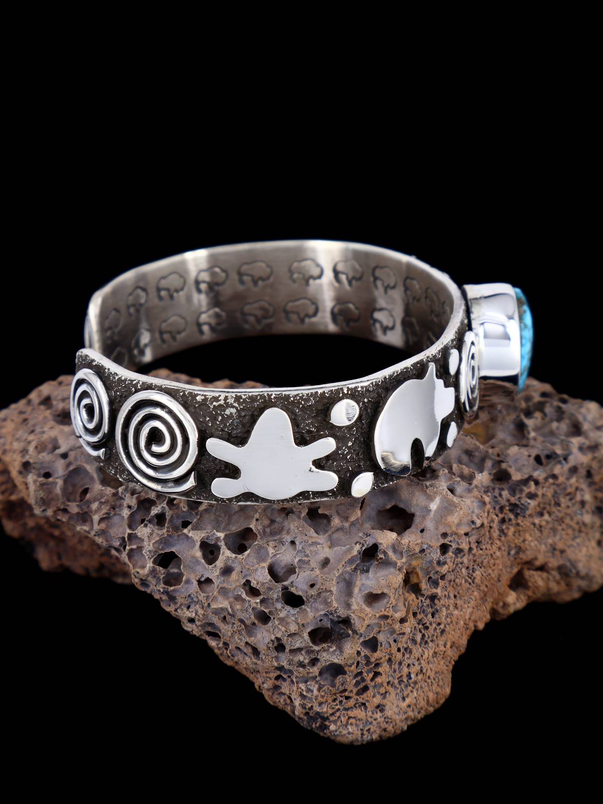 Navajo Sterling Silver Kingman Turquoise Petroglyph Cuff Bracelet - PuebloDirect.com
