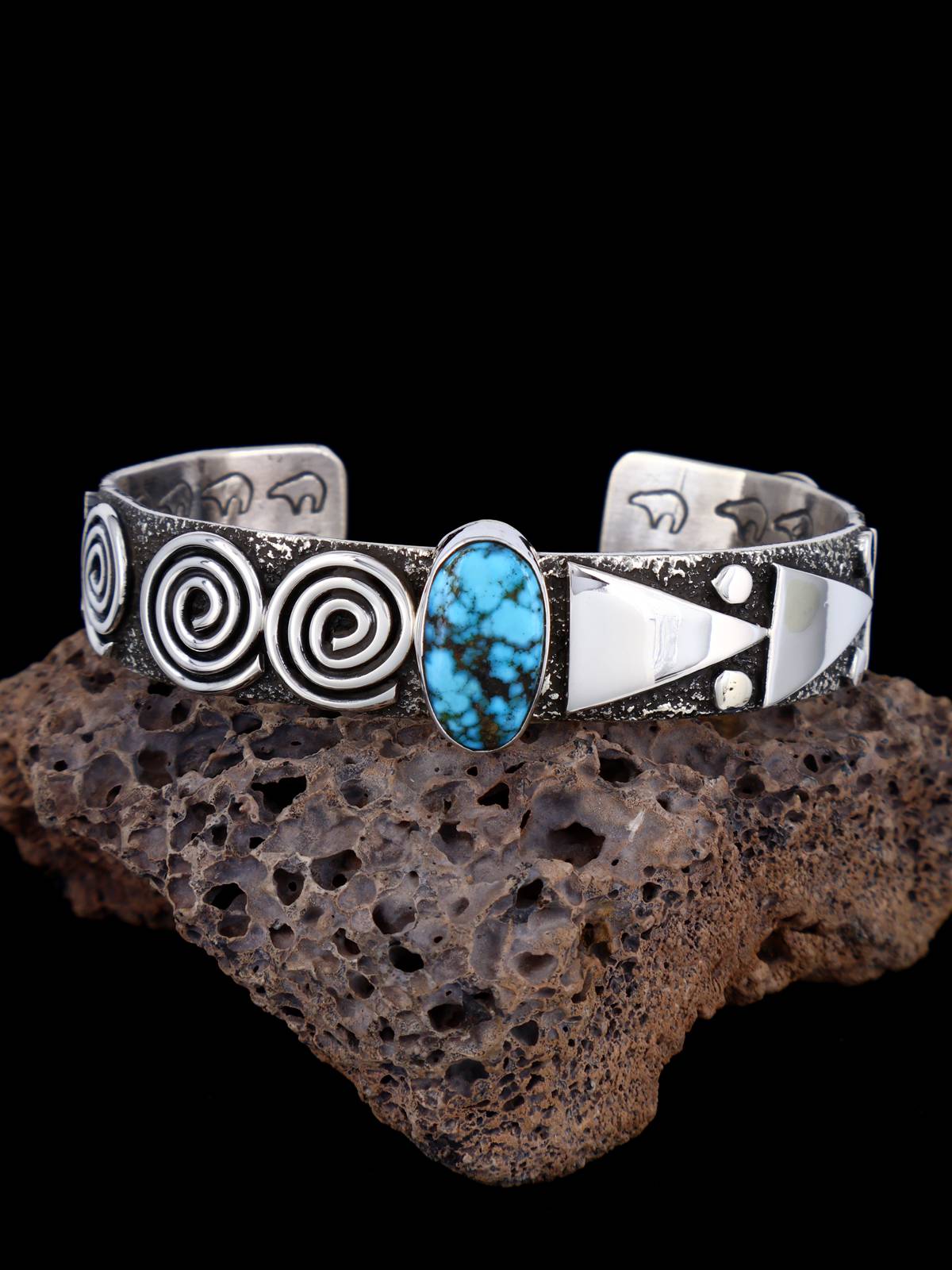 Navajo Sterling Silver Kingman Turquoise Petroglyph Cuff Bracelet - PuebloDirect.com