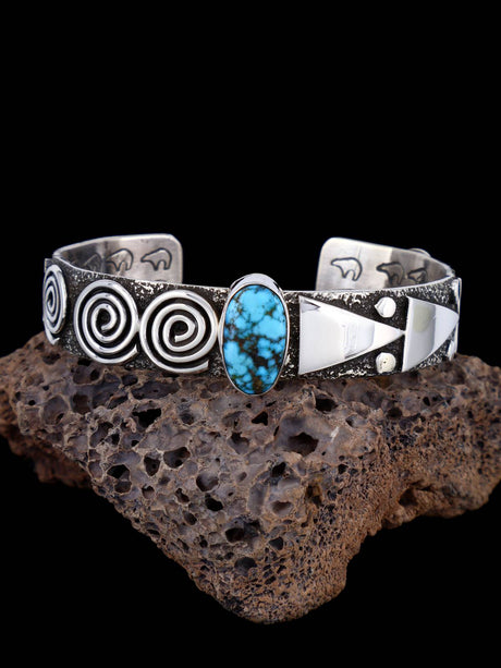 Navajo Sterling Silver Kingman Turquoise Petroglyph Cuff Bracelet - PuebloDirect.com