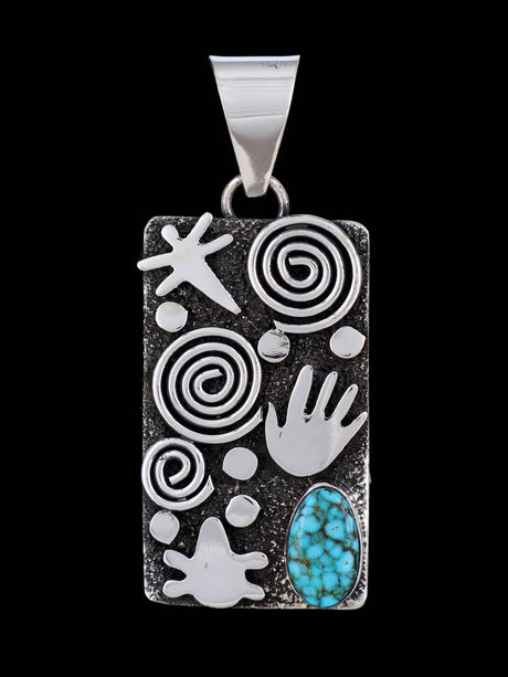 Navajo Sterling Silver Kingman Turquoise Petroglyph Pendant - PuebloDirect.com