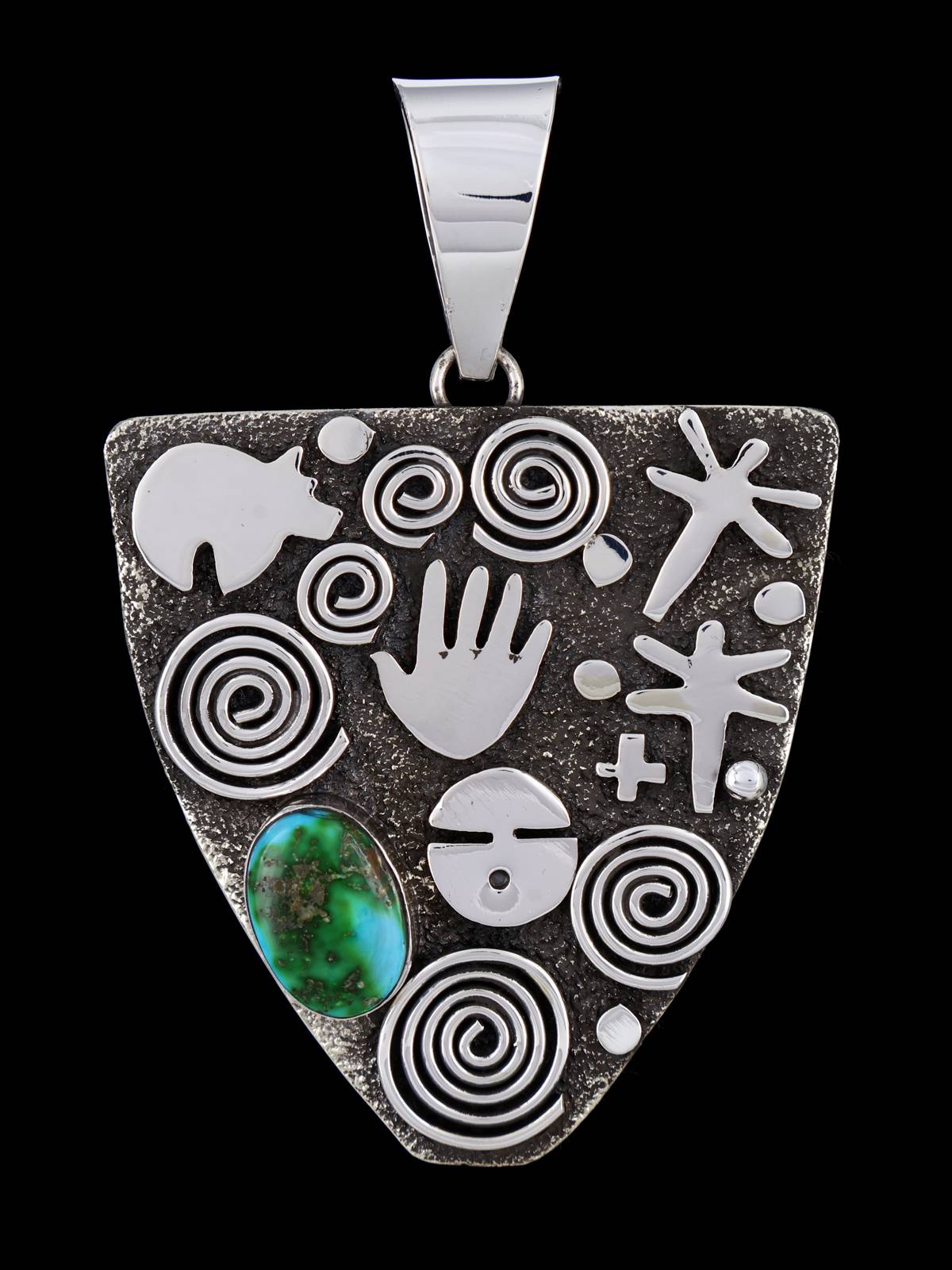Navajo Sterling Silver Sonoran Gold Turquoise Petroglyph Pendant - PuebloDirect.com