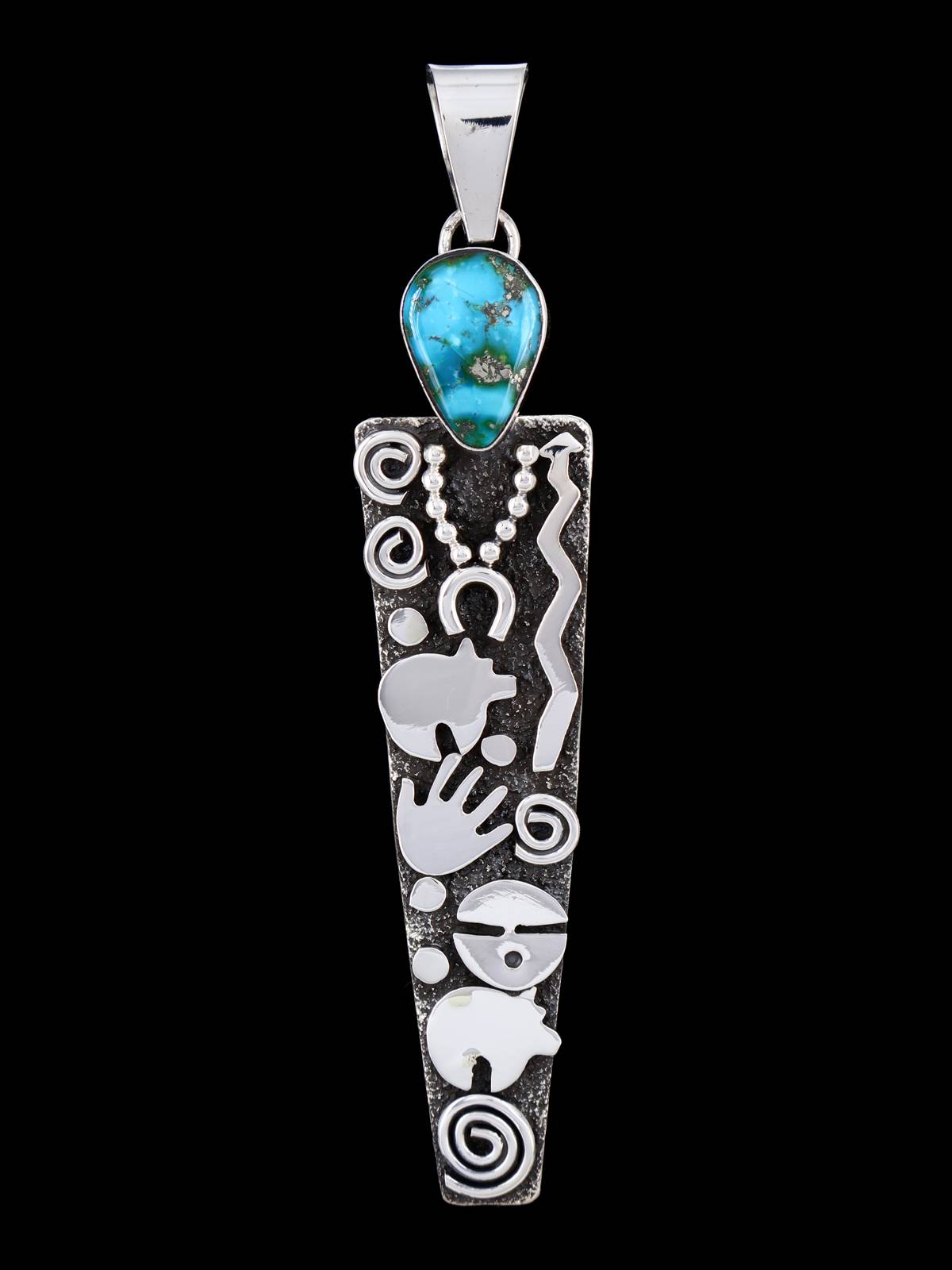 Navajo Sterling Silver Sonoran Gold Turquoise Petroglyph Pendant - PuebloDirect.com
