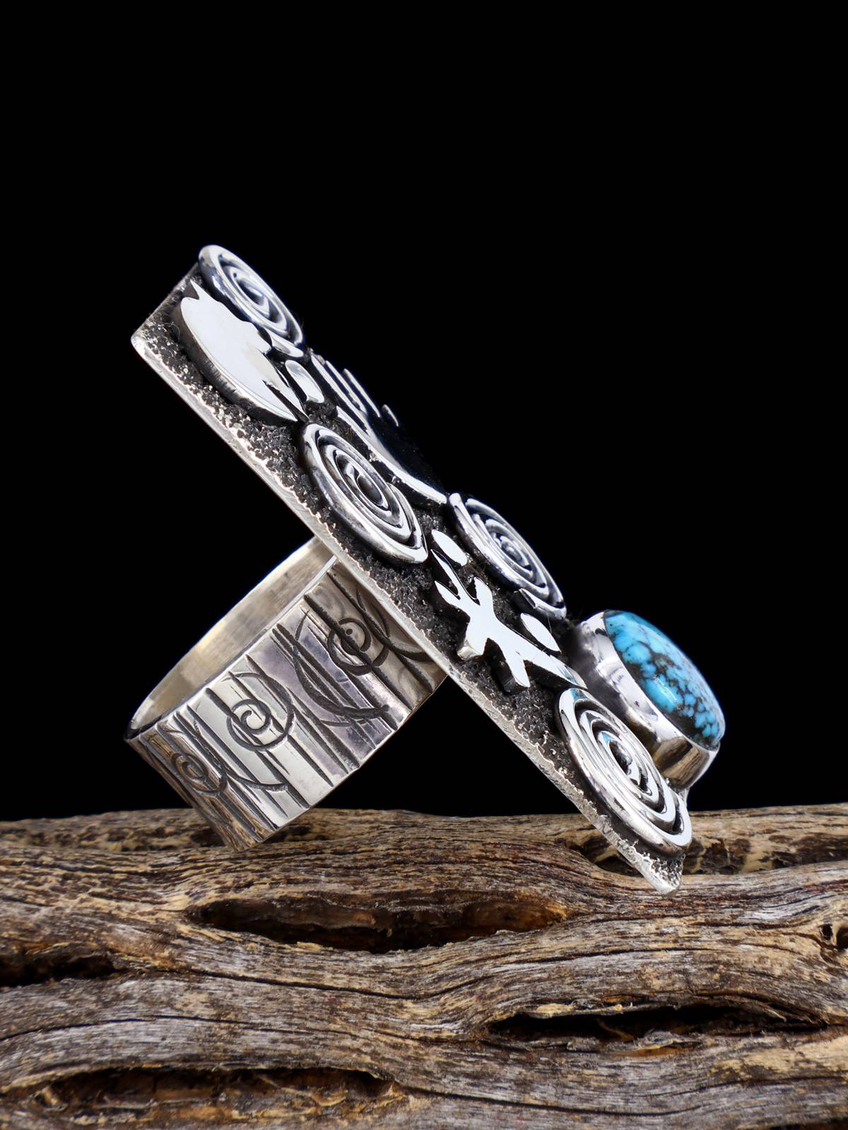 Navajo Kingman Turquoise Petroglyph Ring, Size 8 1/2 - PuebloDirect.com
