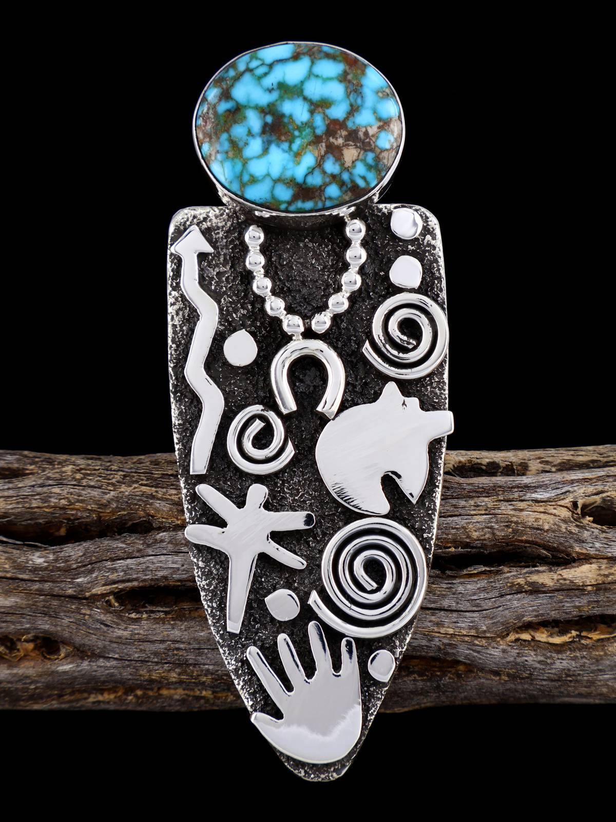 Navajo Kingman Turquoise Petroglyph Ring, Size 7 1/2 - PuebloDirect.com