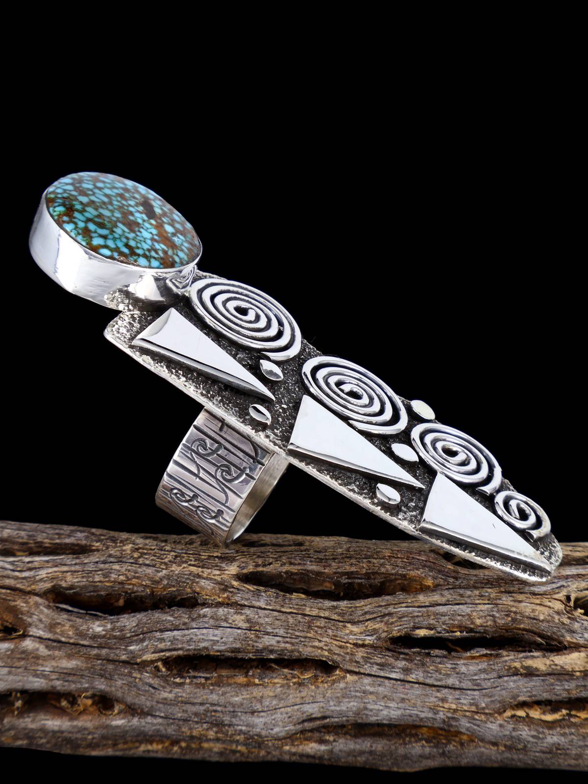 Navajo Kingman Turquoise Petroglyph Ring, Size 8 3/4 - PuebloDirect.com
