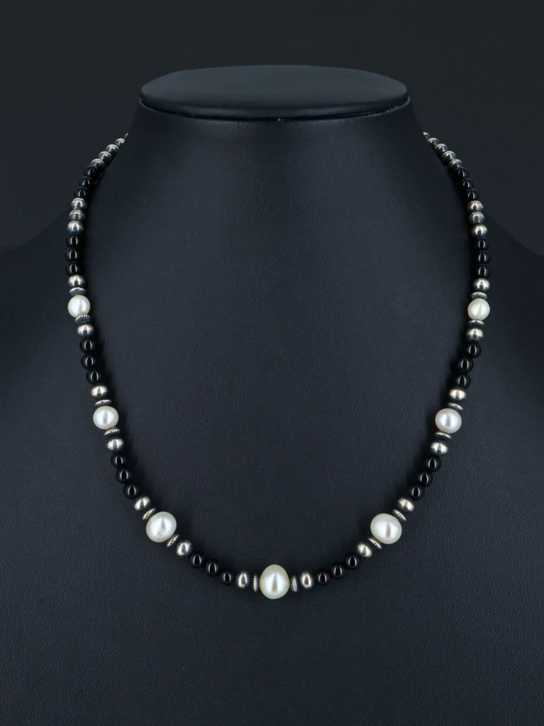 Navajo Mother of Pearl and Onyx Beaded Necklace - PuebloDirect.com