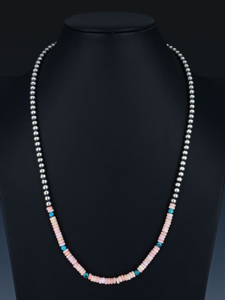 24" Navajo Jewelry Single Strand Turquoise and Pink Conch Sterling Silver Beaded Necklace - PuebloDirect.com