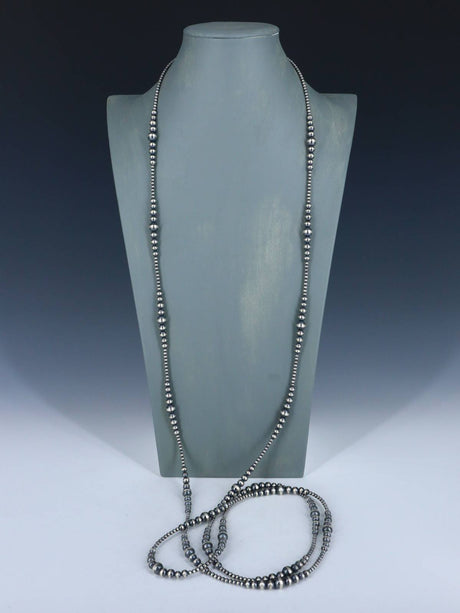 72" Navajo Jewelry Single Strand Sterling Silver Beaded Wrap Necklace - PuebloDirect.com