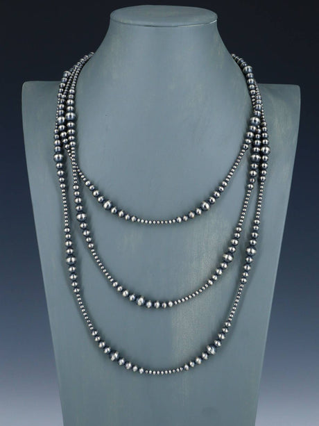 72" Navajo Jewelry Single Strand Sterling Silver Beaded Wrap Necklace - PuebloDirect.com