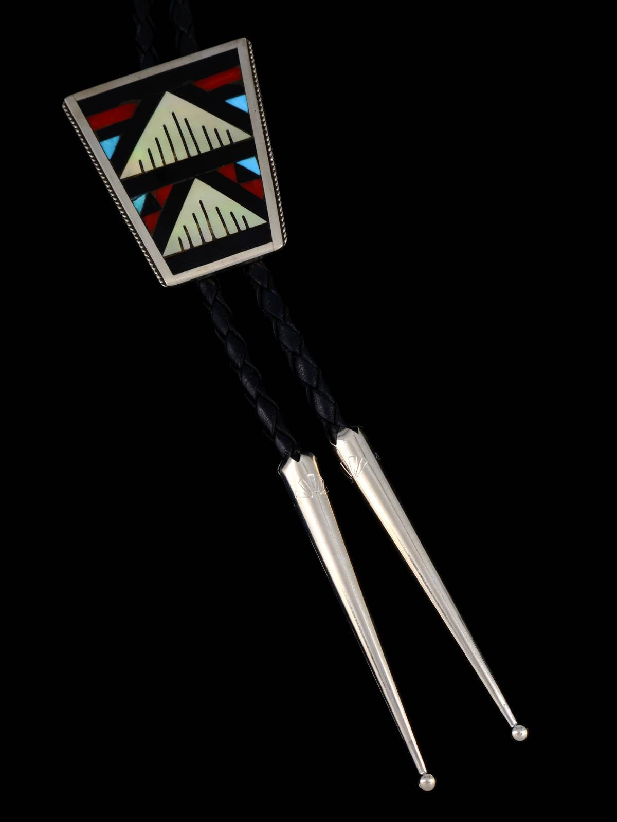 Zuni Pueblo Inlay Turquoise and Coral Inlay Bolo Tie