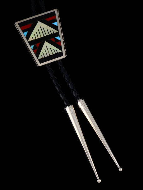 Zuni Pueblo Inlay Turquoise and Coral Inlay Bolo Tie