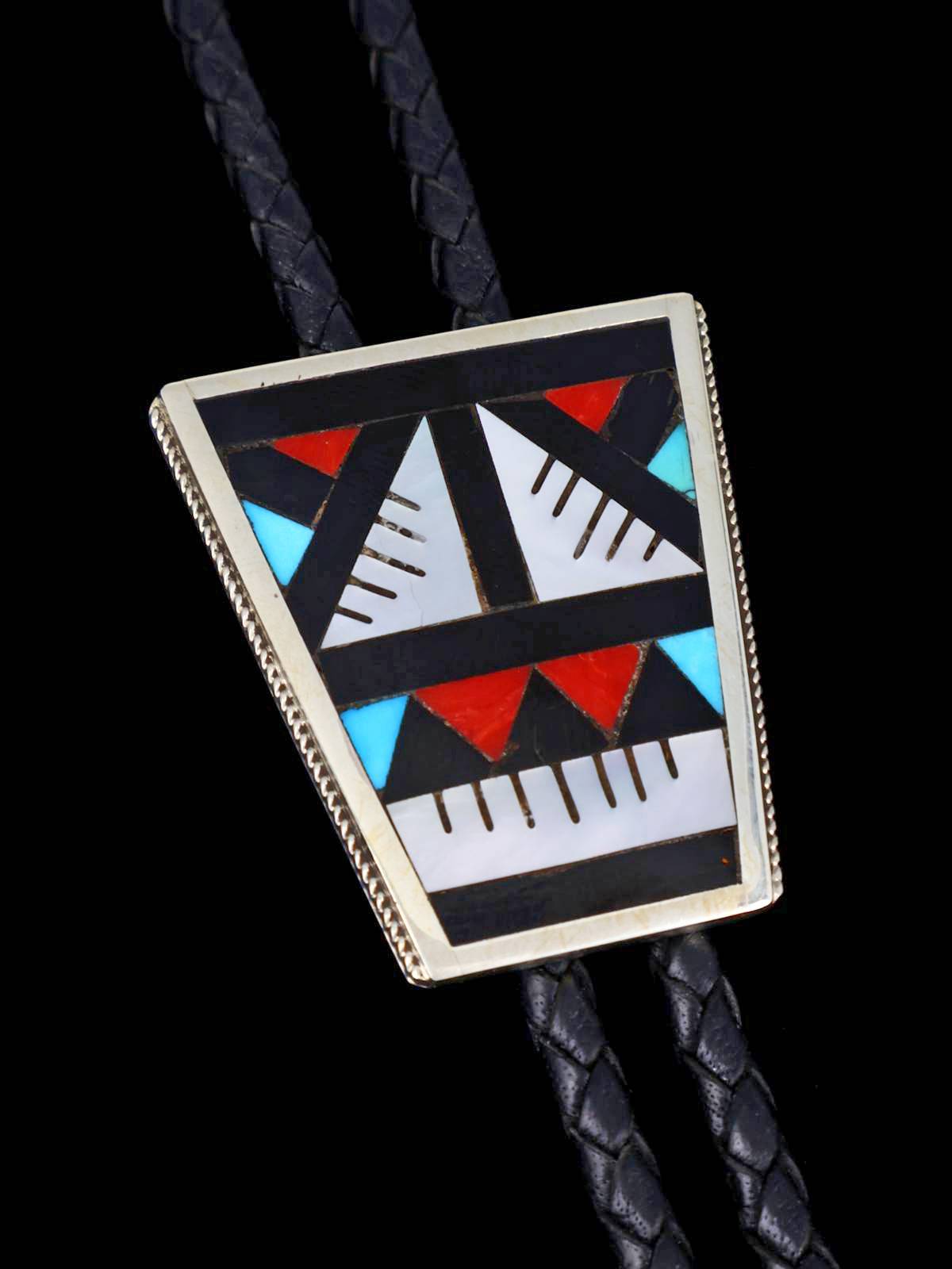 Zuni Pueblo Inlay Turquoise and Coral Inlay Bolo Tie