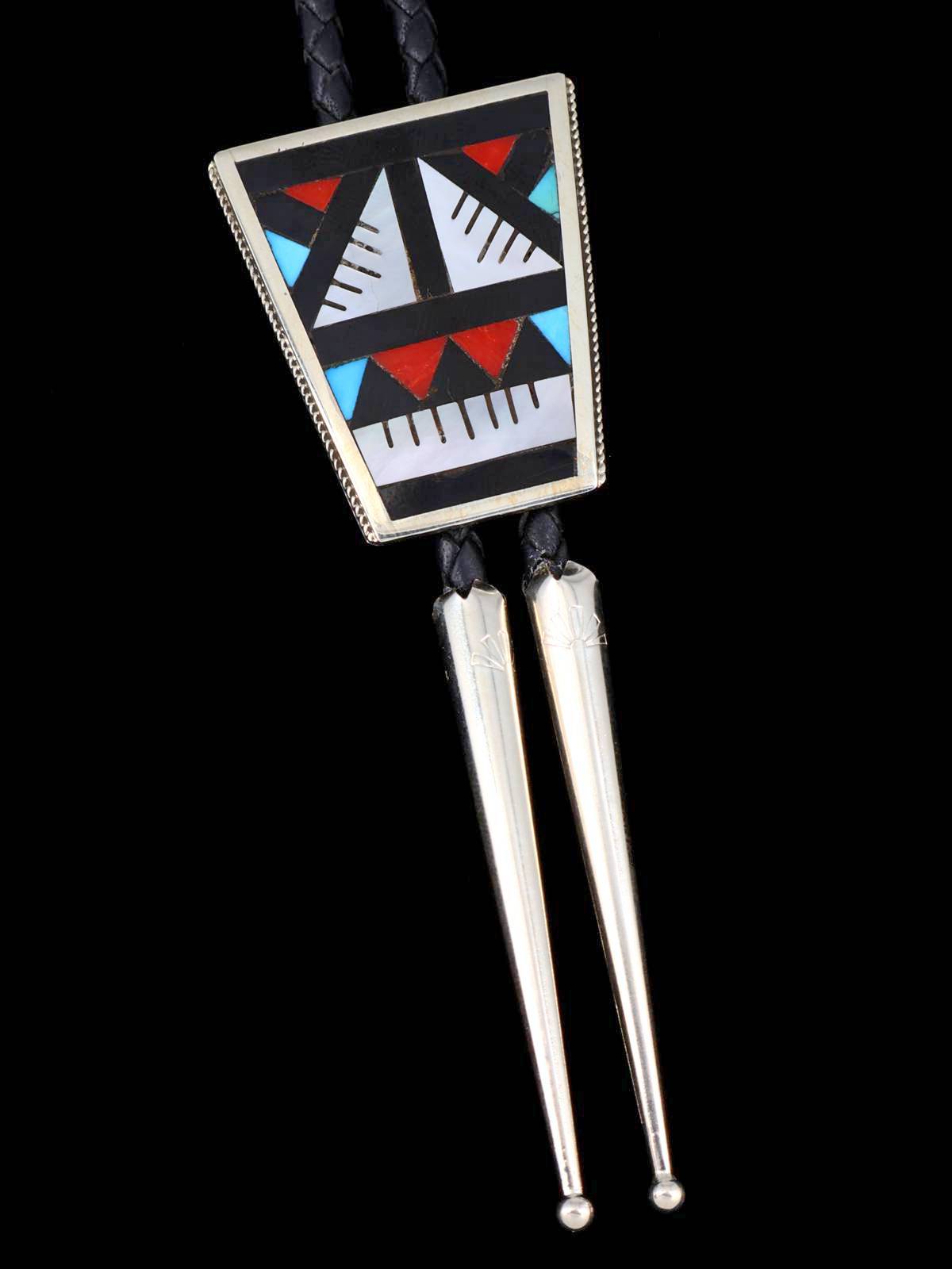 Zuni Pueblo Inlay Turquoise and Coral Inlay Bolo Tie