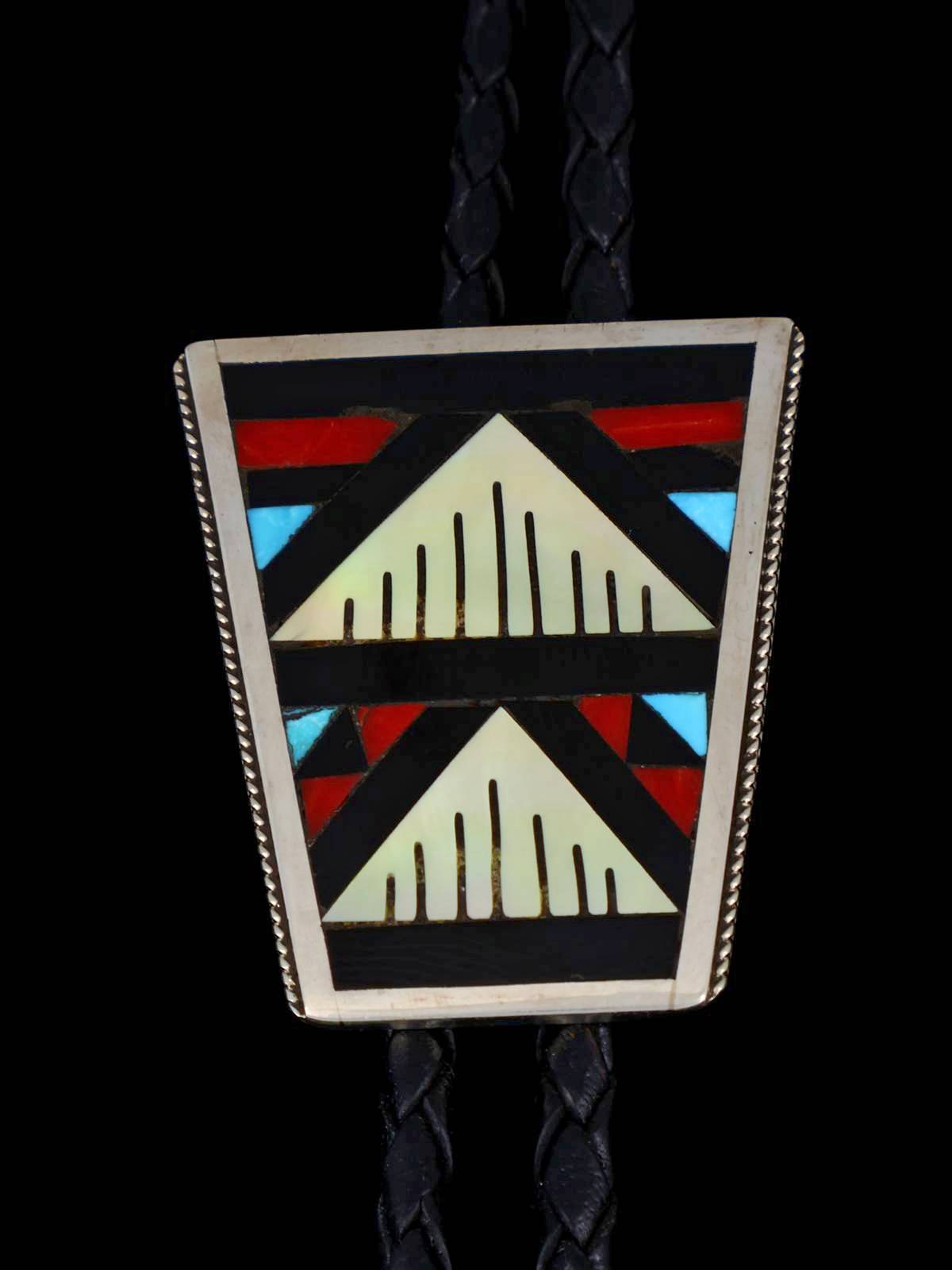 Zuni Pueblo Inlay Turquoise and Coral Inlay Bolo Tie