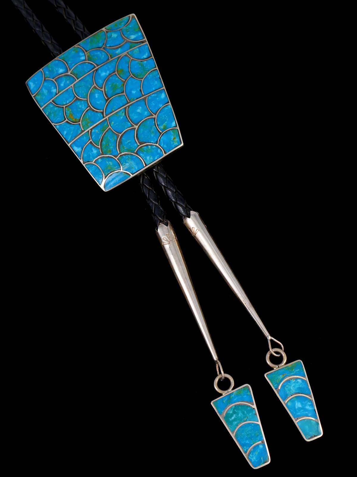 Zuni Pueblo Turquoise Fish Scale Inlay Bolo Tie