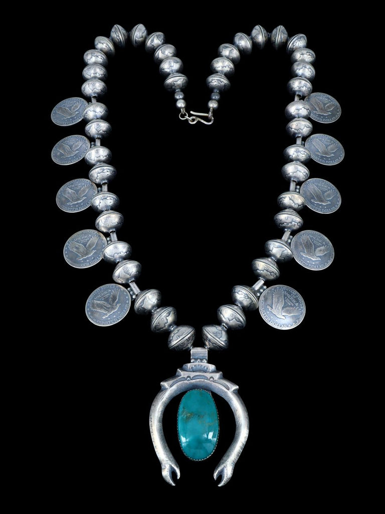 Native American Jewelry Turquoise Coin Squash Blossom Necklace - PuebloDirect.com