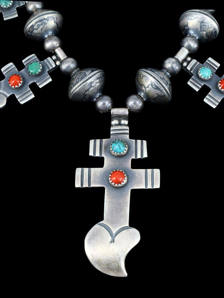 Native American Jewelry Turquoise and Coral Coin Necklace - PuebloDirect.com