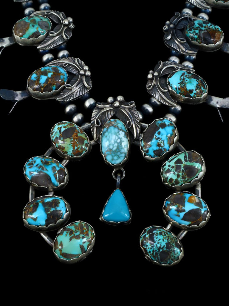 Natural Carico Turquoise Sterling Silver Squash Blossom Necklace - PuebloDirect.com