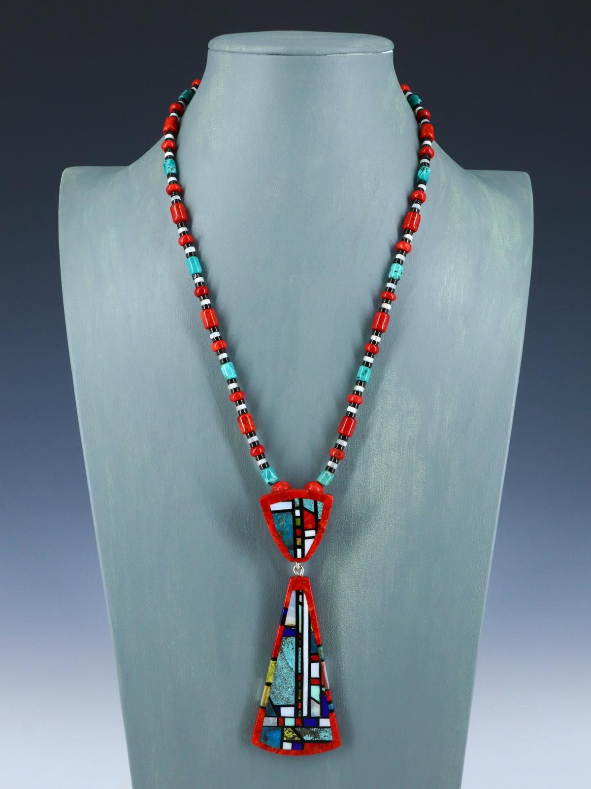 Native American Santo Domingo Mosaic Inlay Apple Coral Necklace