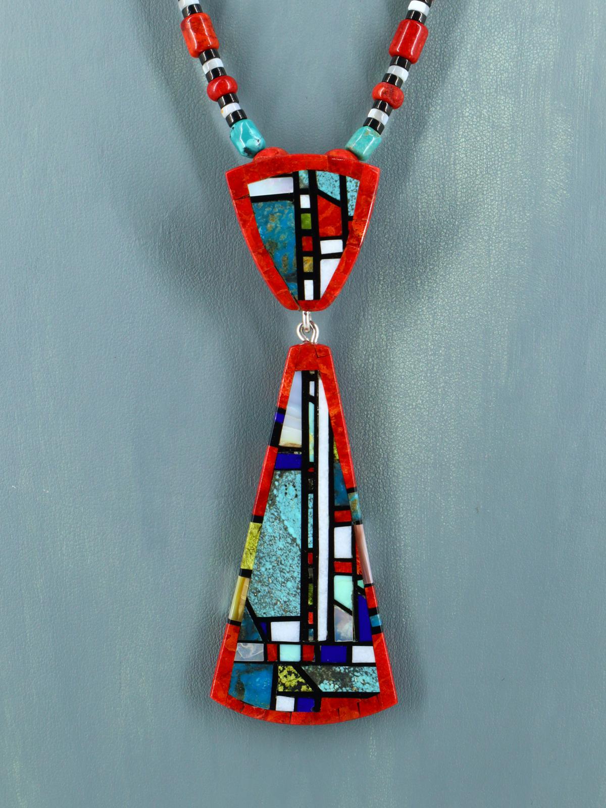 Native American Santo Domingo Mosaic Inlay Apple Coral Necklace