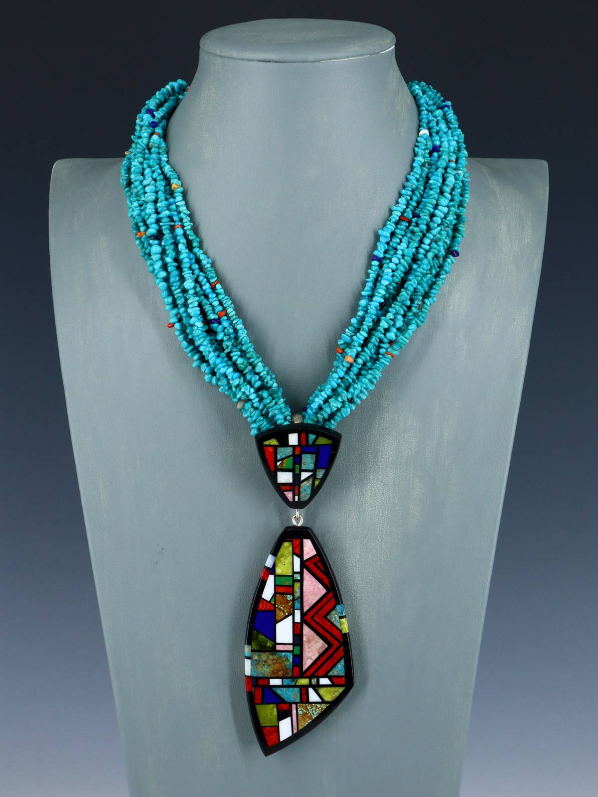 Native American Santo Domingo Mosaic Inlay Turquoise Necklace - PuebloDirect.com
