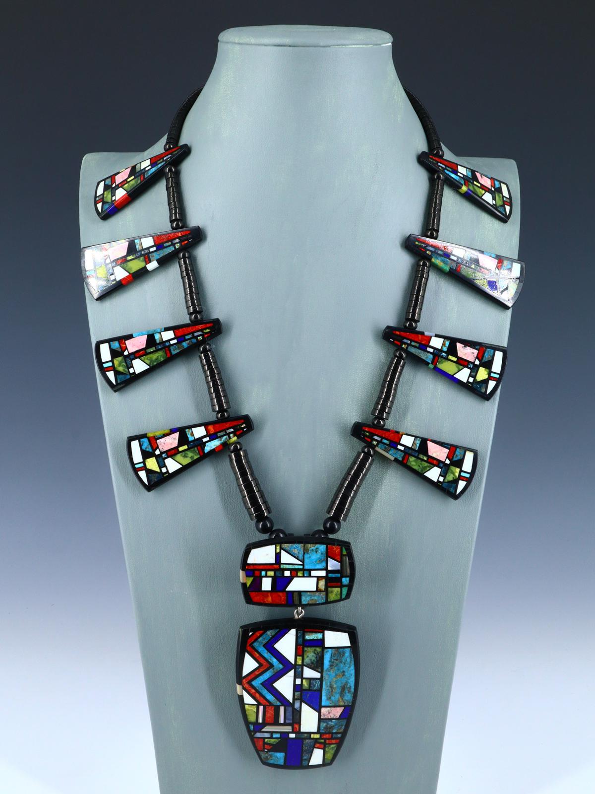 Native American Santo Domingo Mosaic Inlay Black Jet Necklace - PuebloDirect.com