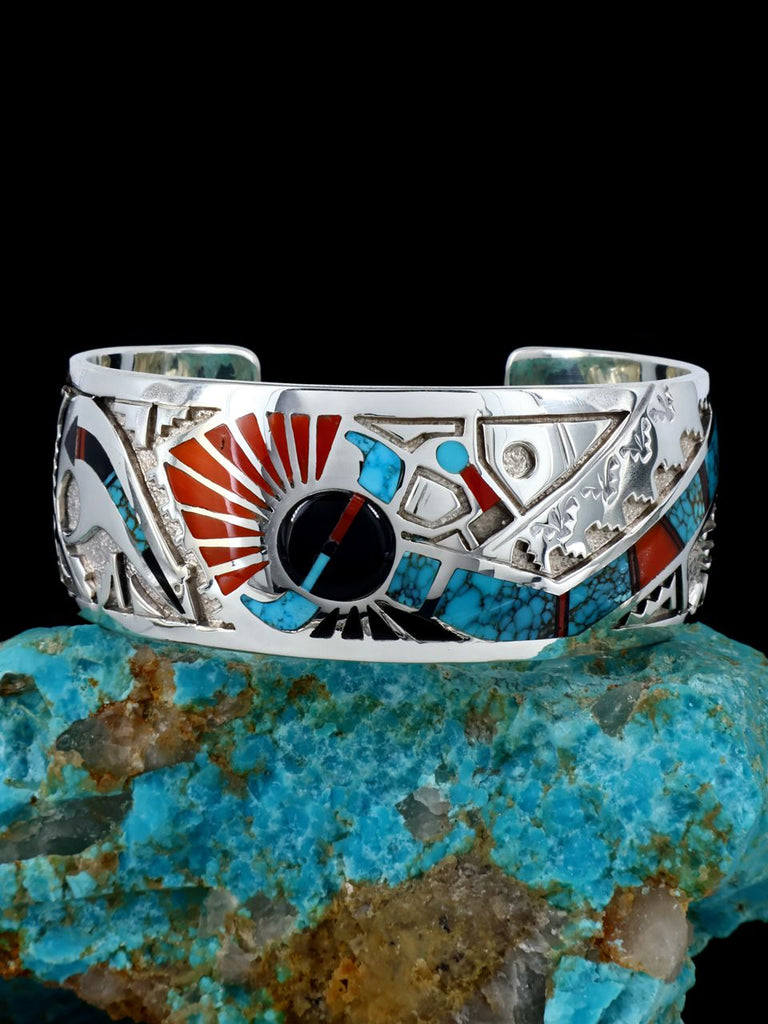 Native American Sterling Silver Multistone Inlay Overlay Cuff Bracelet - PuebloDirect.com