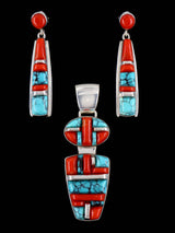 Turquoise and Coral Navajo Cobblestone Inlay Sterling Silver Pendant and Earrings Set - PuebloDirect.com
