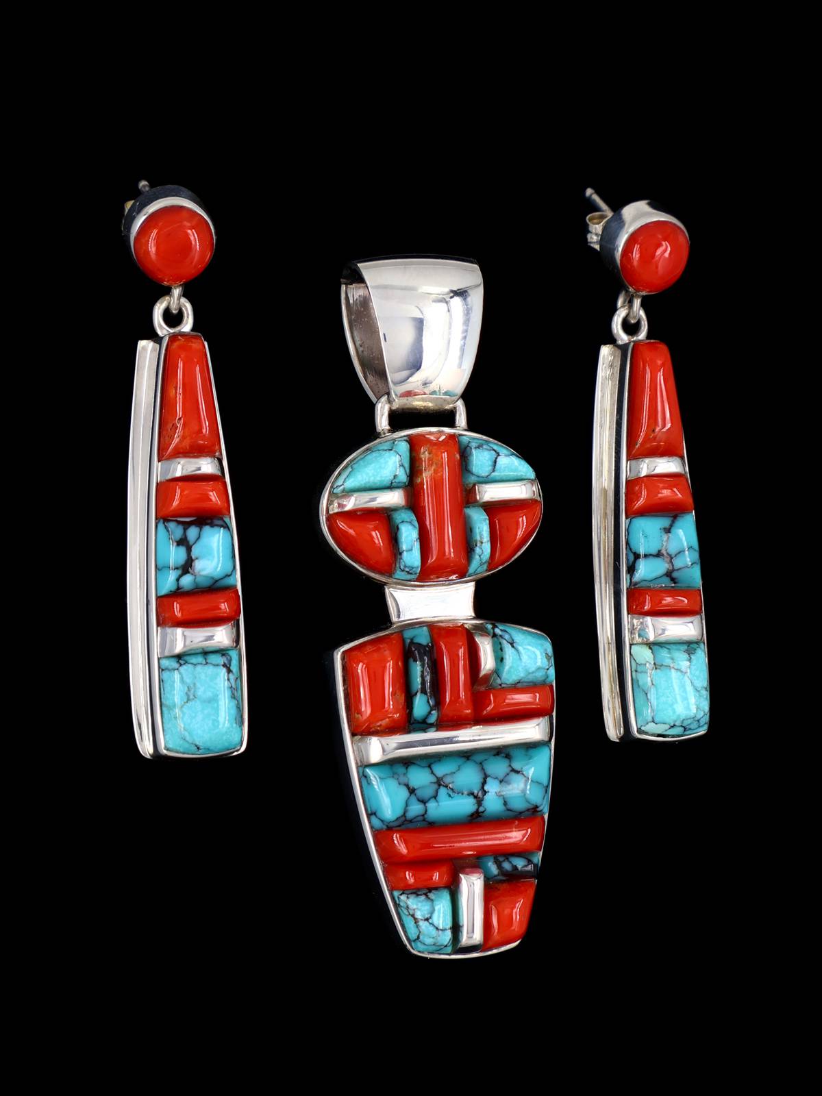 Turquoise and Coral Navajo Cobblestone Inlay Sterling Silver Pendant and Earrings Set - PuebloDirect.com
