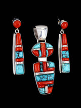 Turquoise and Coral Navajo Cobblestone Inlay Sterling Silver Pendant and Earrings Set - PuebloDirect.com