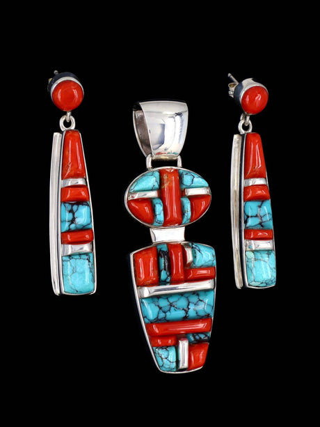 Turquoise and Coral Navajo Cobblestone Inlay Sterling Silver Pendant and Earrings Set - PuebloDirect.com