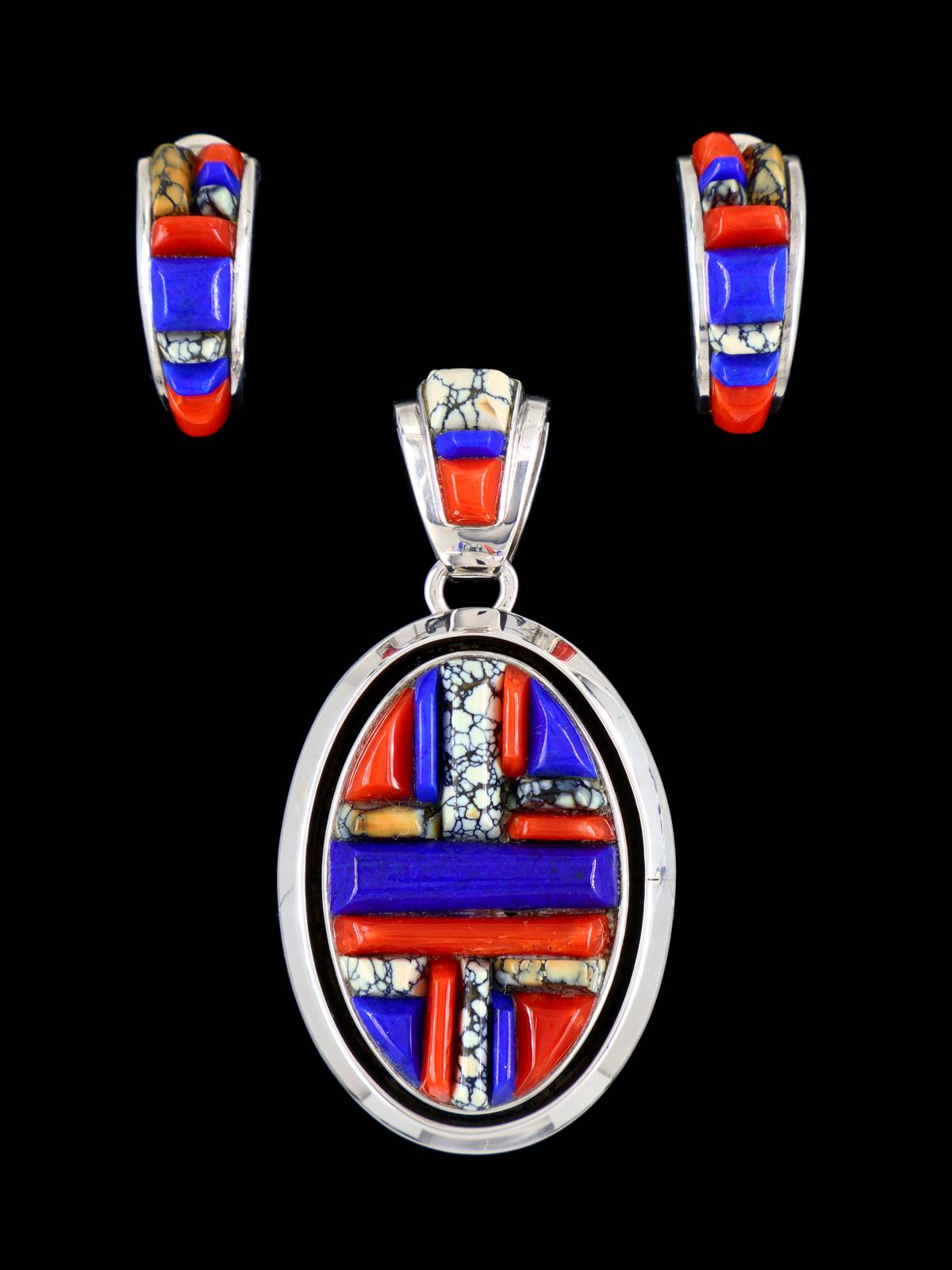 Multistone Navajo Cobblestone Inlay Sterling Silver Pendant and Earrings Set - PuebloDirect.com