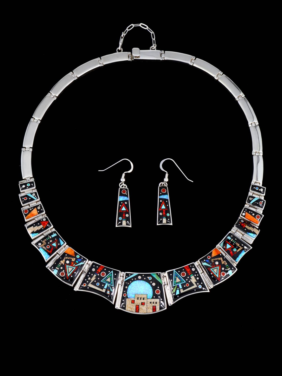 Juego de collar de eslabones de plata de ley con incrustaciones de cielo nocturno navajo