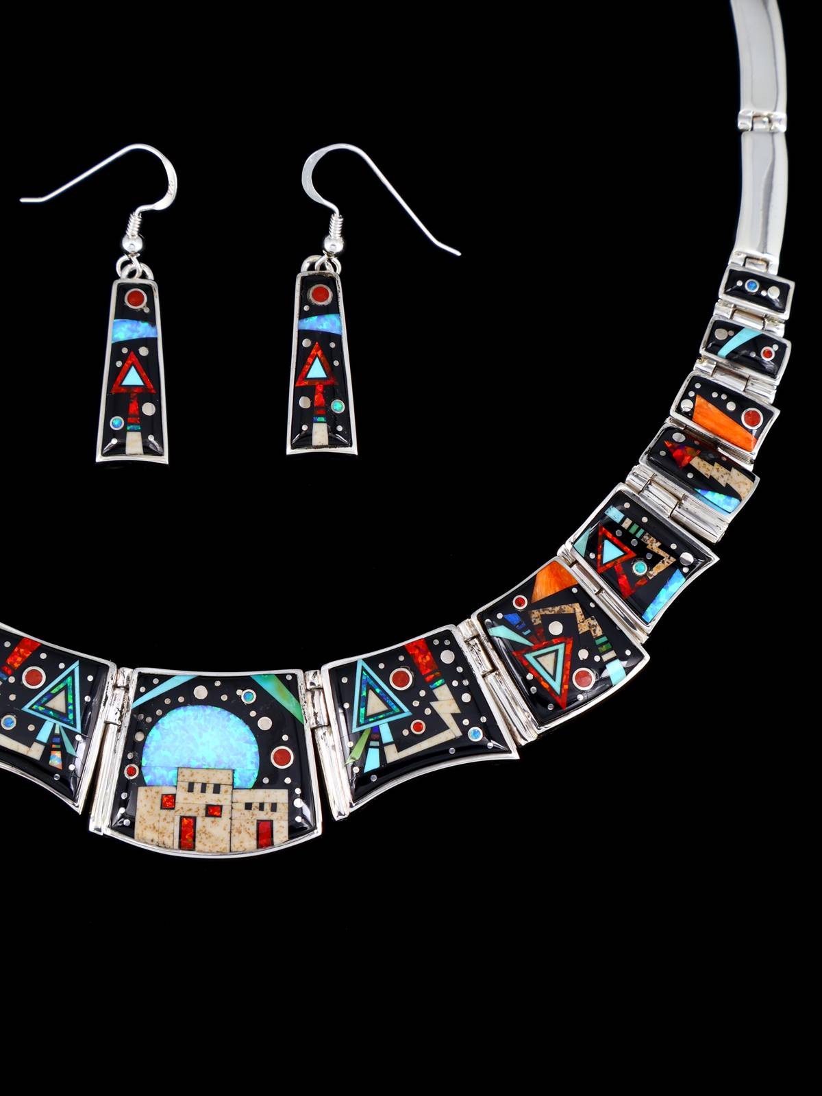 Juego de collar de eslabones de plata de ley con incrustaciones de cielo nocturno navajo