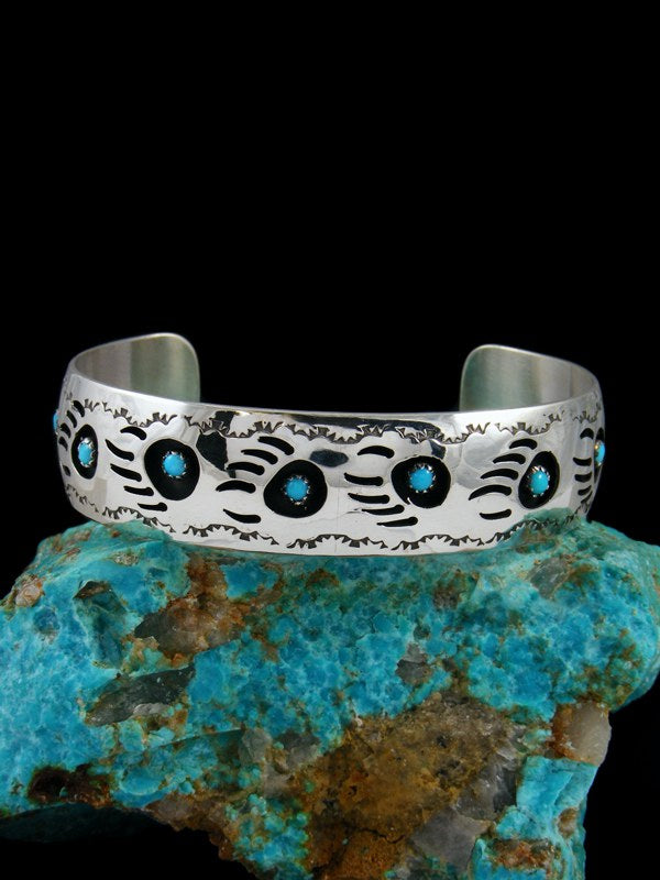 XL Navajo Turquoise Bear Paw Shadowbox Bracelet - PuebloDirect.com