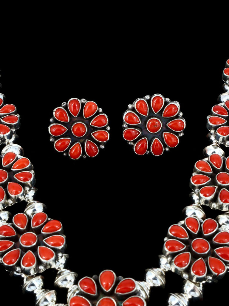 Native American Coral Squash Blossom Necklace and Earrings Set - PuebloDirect.com