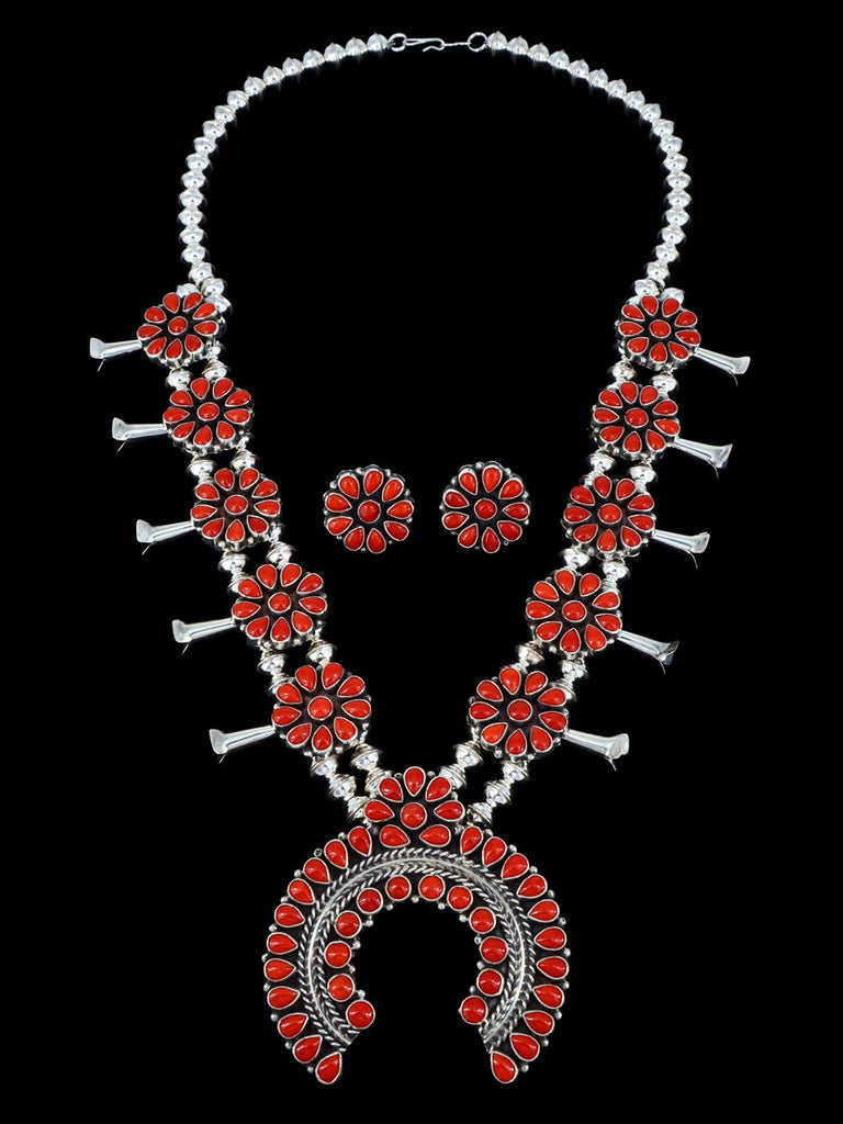 Native American Coral Squash Blossom Necklace and Earrings Set - PuebloDirect.com