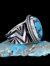 Navajo Tufa Cast Sterling Silver Labashan Turquoise Ring Size 10