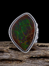 Navajo Tufa Cast Sterling Silver Ammolite Ring Size 9.5